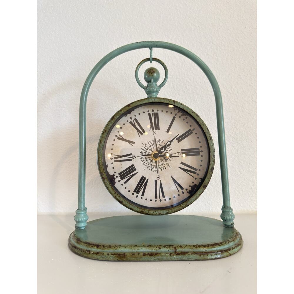 Hobby Lobby Vintage Green Table Shelf Clock Compass Roman Numerals Quartz - Picture 6 of 6